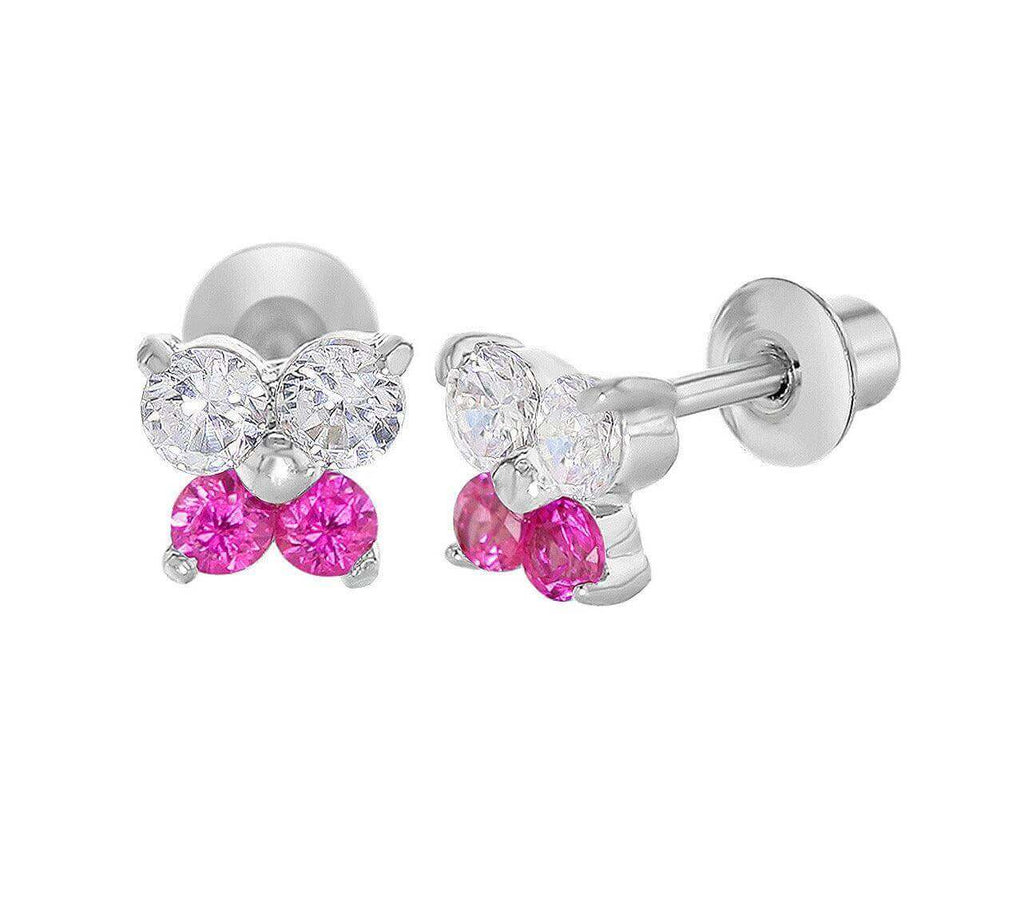18k White Gold Plated White and Pink CZ Butterflies Baby Children Screw Back Earrings - Trendolla Jewelry